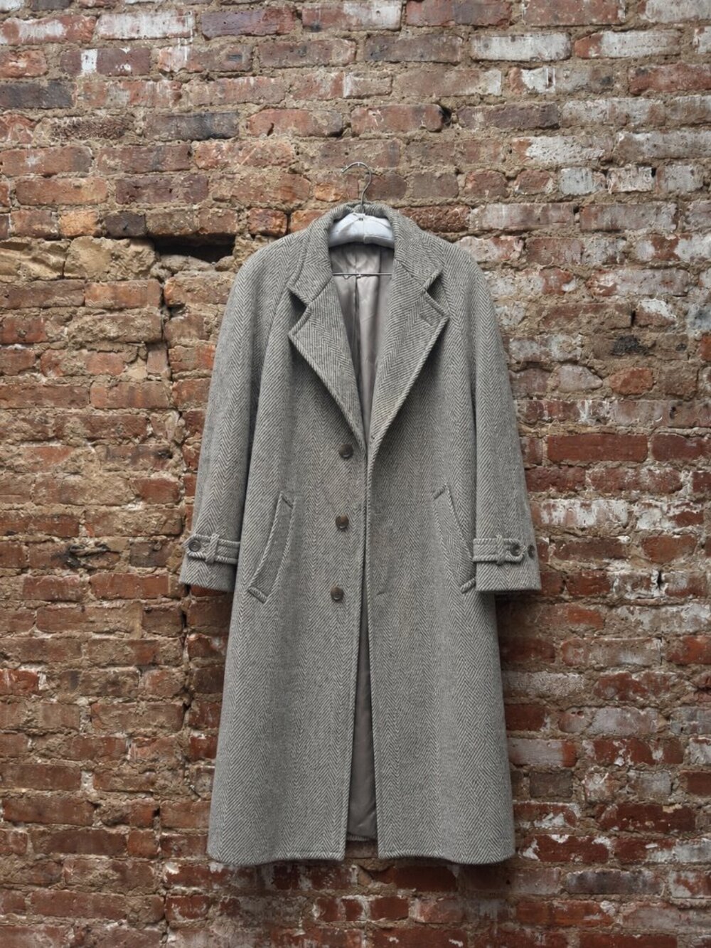 VINTAGE GREY HERRINGBONE OVERSIZED LONG WOOL COAT